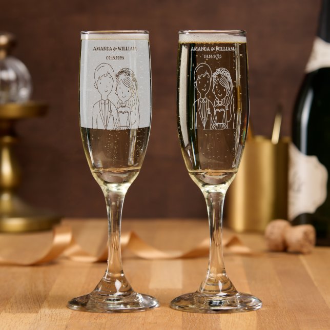 Simple, Cartoon-Iike Spouses Illustration Wedding  Champagne Flute (Party)
