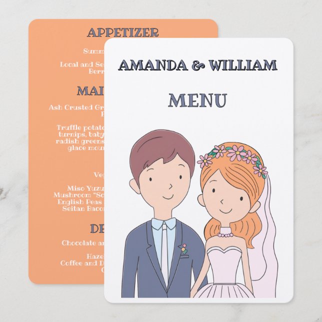 Simple, Cartoon-Iike Spouses Illustration Wedding  Menu (Front/Back)