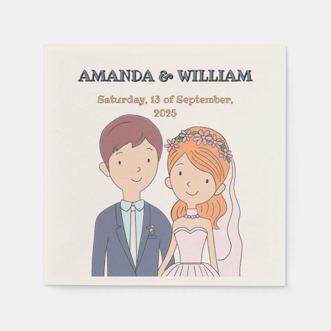 Simple, Cartoon-Iike  Spouses Illustration Wedding Napkins (Front)