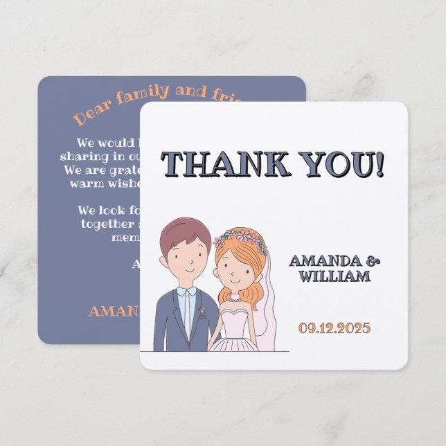 Simple, Cartoon-Iike Spouses Illustration Wedding  Thank You Card (Front/Back)