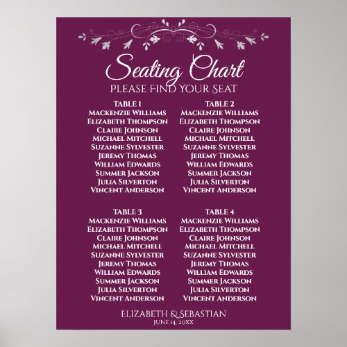 Simple Cassis 4 Table Wedding Seating Chart