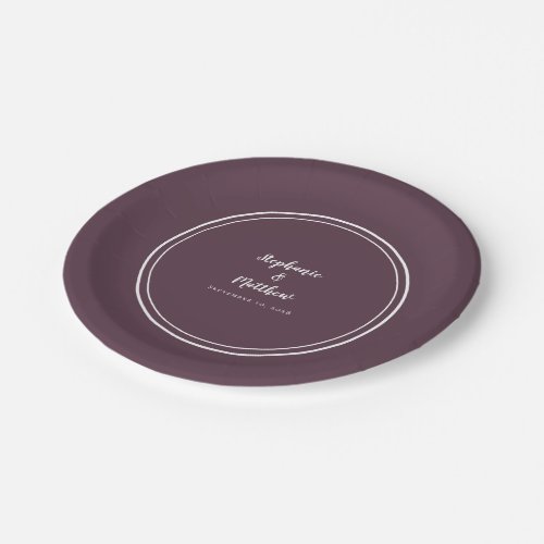 Simple Cassis Purple Modern Bride  Groom Wedding Paper Plates