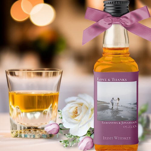 Simple Cassis Purple Wedding Photo Thanks Mini Liquor Bottle Label