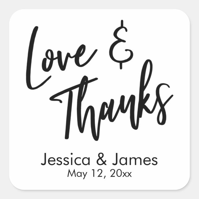 Simple Casual Love & Thanks Black & White Square Sticker (Front)