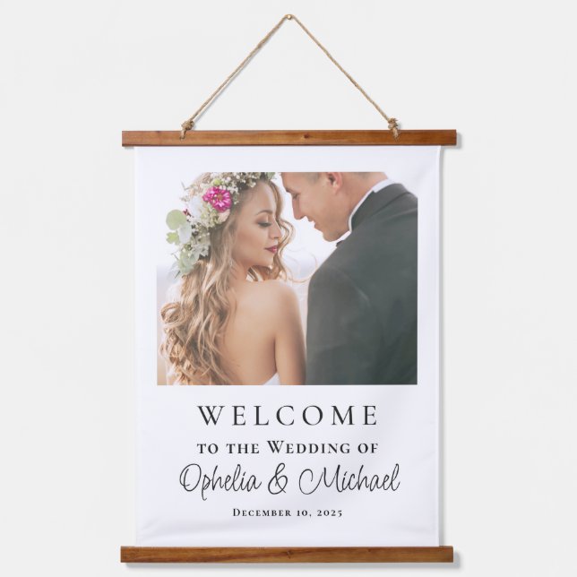 Simple Casual Wedding Welcome Sign with Photo Hanging Tapestry (Front)