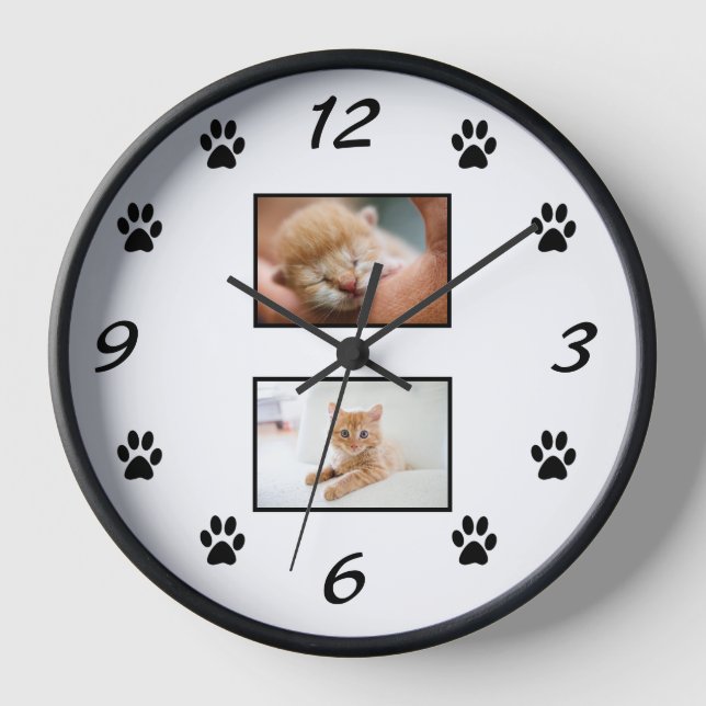 Simple Cat Paw Print Pet 2 Photo Collage Clock (Front)