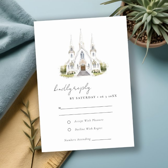 Simple Catholic Watercolor Church Wedding RSVP Card (Creator Uploaded)