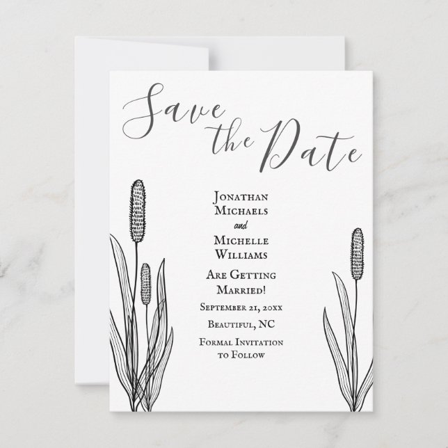 Simple Cattails Black and White Wedding Save The Date (Front)