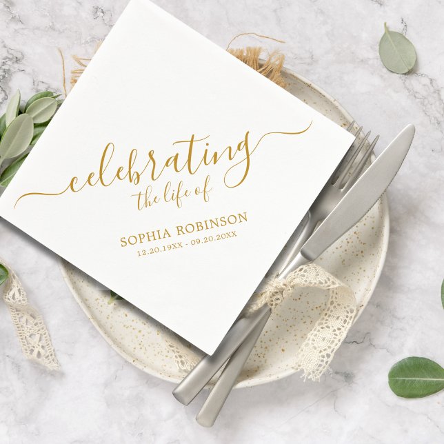 Simple Celebrating The Life Gold Script Funeral Napkins (Creator Uploaded)