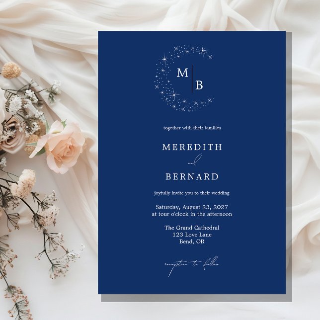 Simple Celestial Elegant Blue Monogram Wedding Invitation (Creator Uploaded)