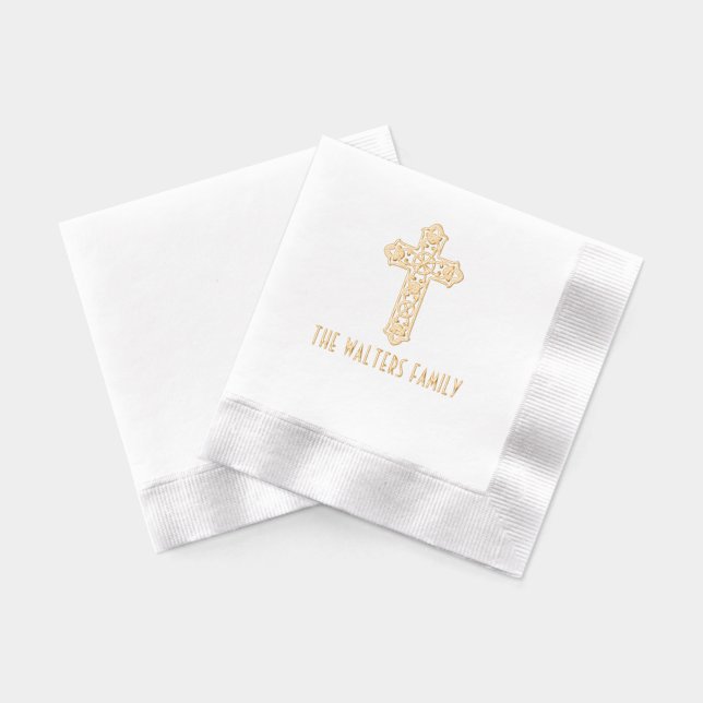 Simple Celtic Knot Cross Family Name Foil Napkins (Back)
