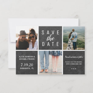 Simple chalkboard white 3 photo collage wedding save the date