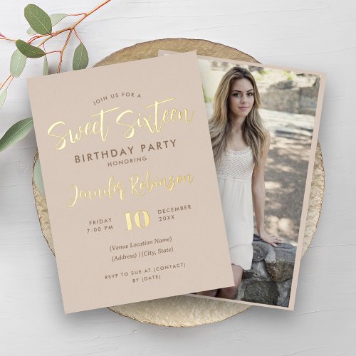 Simple Champagne Gold Photo Sweet 16 Sixteen  Foil Invitation