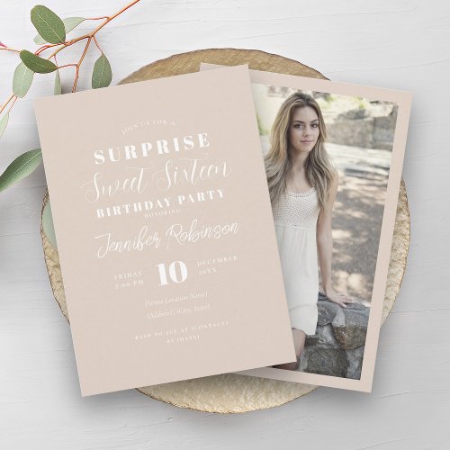 Simple Champagne Photo SURPRISE Sweet 16   Invitation