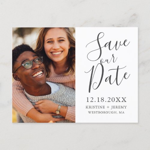 Simple Charcoal Gray Script Photo Save Our Date Announcement Postcard