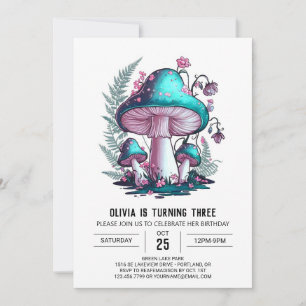 Simple Charming Digital Mushroom Birthday Invitation