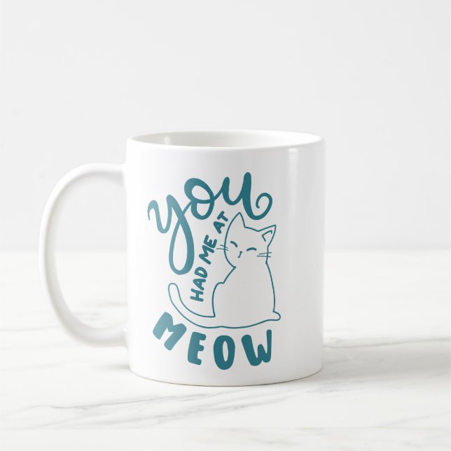 Simple Charming Playful Teal Lettering Cute Cat Coffee Mug (Left)