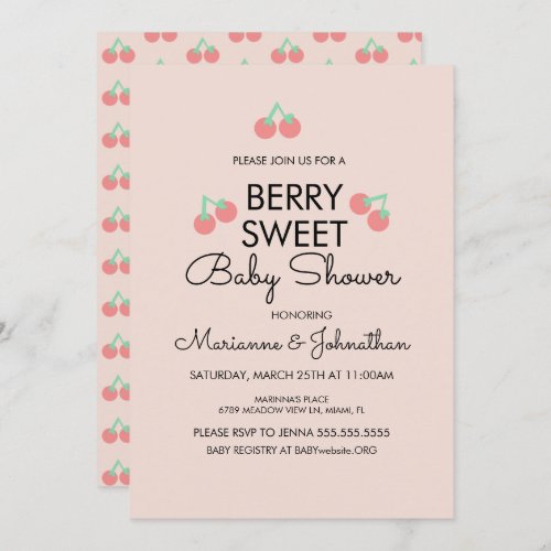Simple Cherries Fruit Pink Baby Shower Invitation