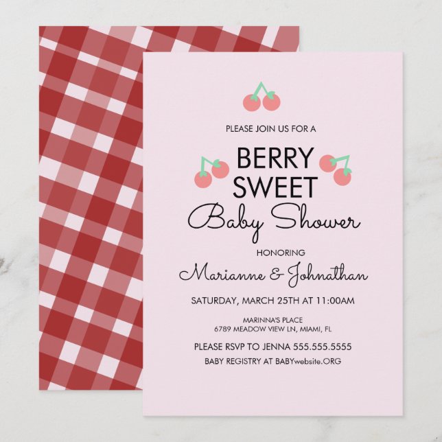 Simple Cherries Fruit Pink Red Baby Shower  Invitation (Front/Back)