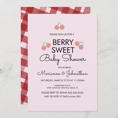 Simple Cherries Fruit Pink Red Baby Shower  Invitation
