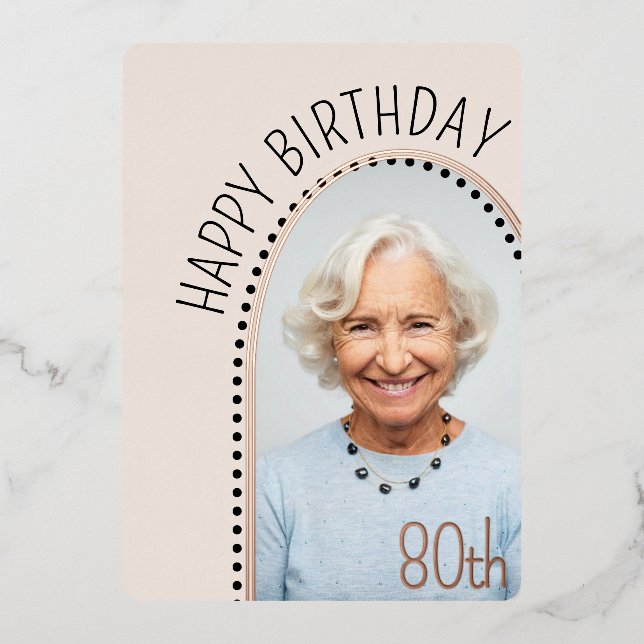 Simple Chic 80th Birthday Arched Photo Polka Dot  Foil Invitation (Front)