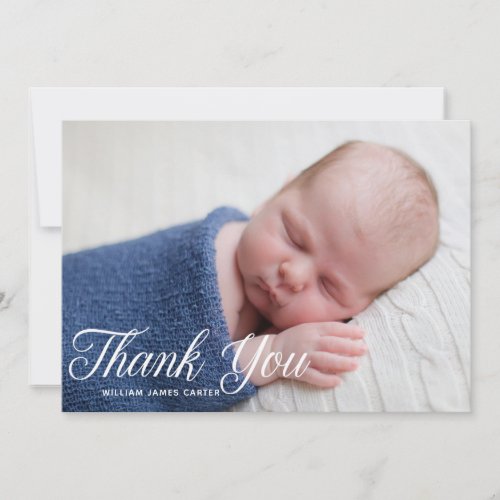 Simple Chic Baby Boy Photo White Script Overlay Thank You Card