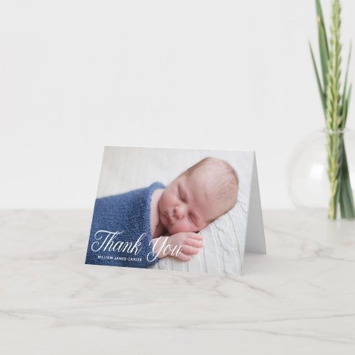 Simple Chic Baby Photo White Script Overlay Thank You Card