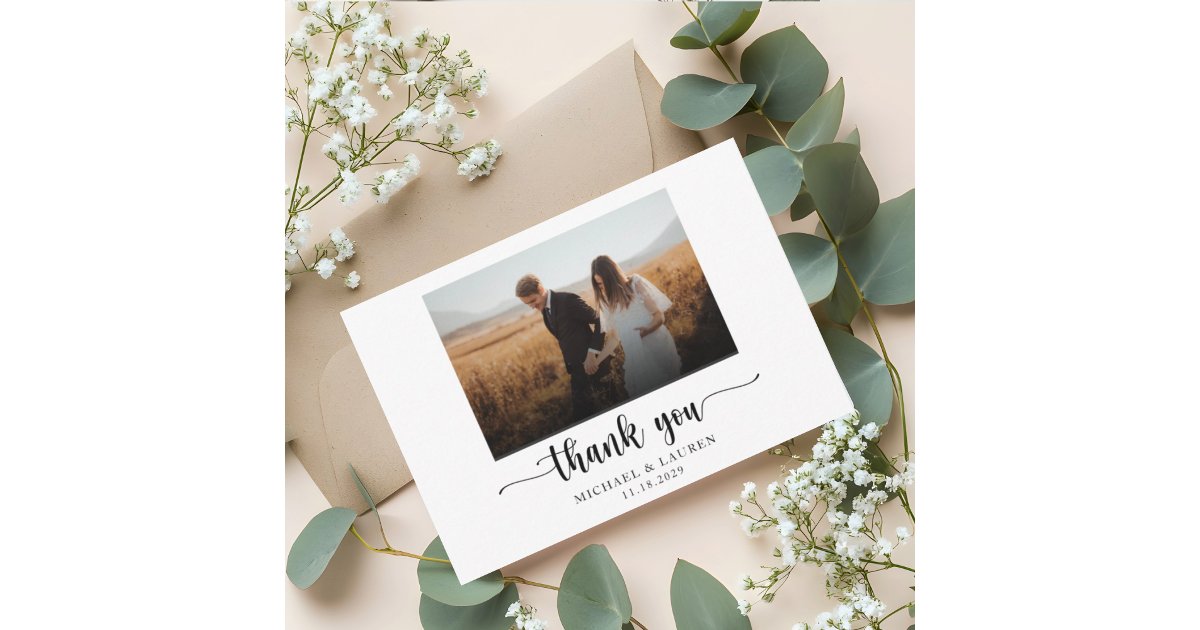 Simple Chic Black and White Wedding Photo Thank You Card | Zazzle