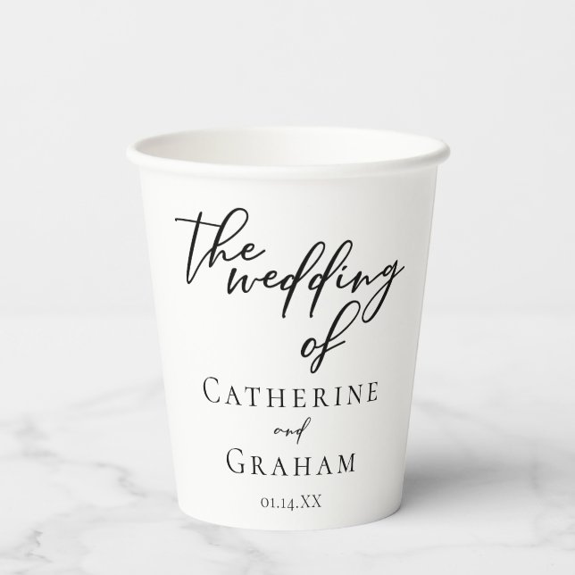 Simple Chic Black Script Wedding Personalized Paper Cups (Back)
