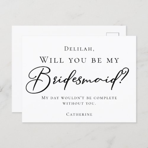 Simple Chic Black Script Will You Be My Bridesmaid Postcard