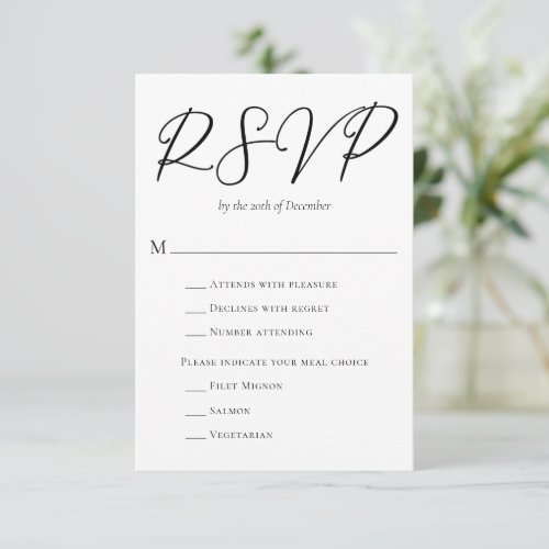 Simple Chic Black Script with Meal Choice Wedding RSVP Card