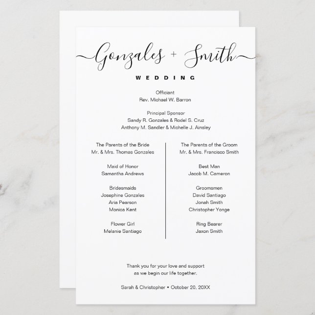 Simple Chic Black White Custom bridal party list (Front/Back)