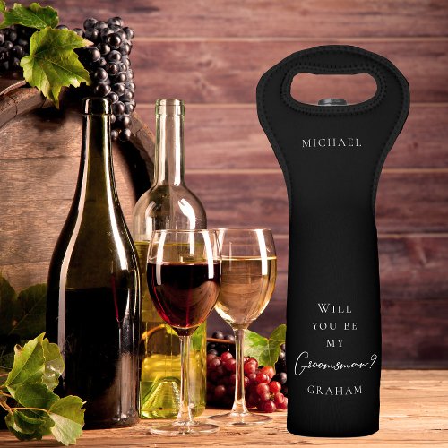 Simple Chic Black White Will You Be My Groomsman Wine Bag