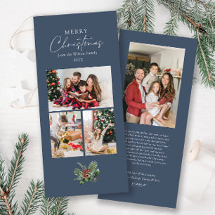 Simple Chic Blue 3 Photo Collage Christmas Foliage Holiday Card