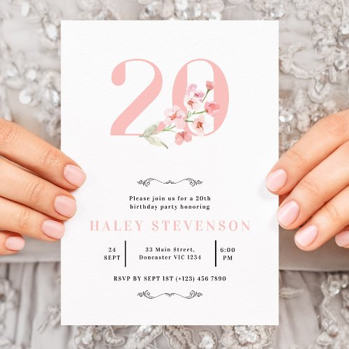 Simple Chic Blush Pink White Floral 20th Birthday Invitation