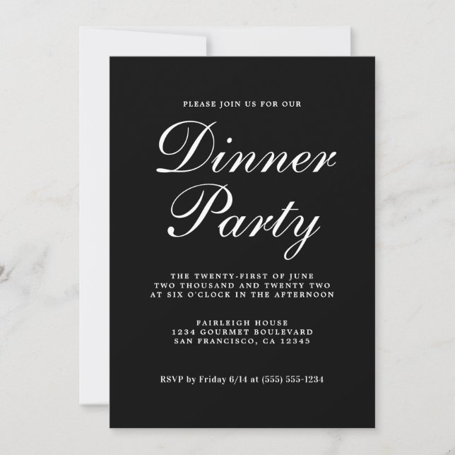 Simple Chic Calligraphy Black Dinner Party Invitation (Front)