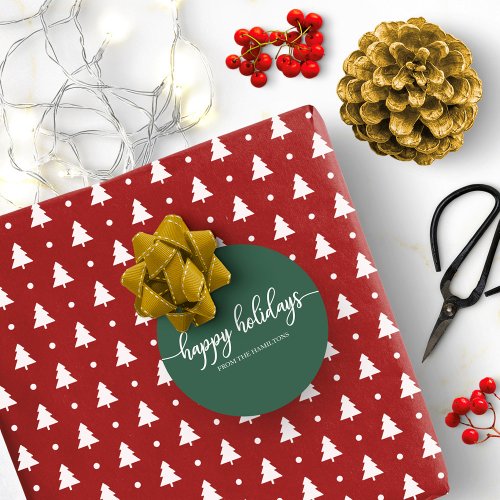 Simple Chic Calligraphy Happy Holidays Green Classic Round Sticker