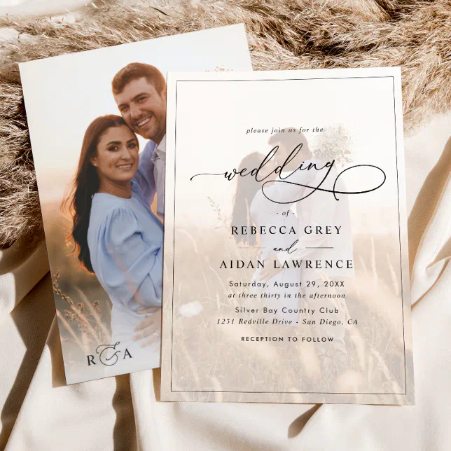 Simple Chic Calligraphy Monogram Photo Wedding Invitation | Zazzle