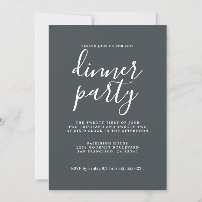 Simple Chic Calligraphy Off-Black Dinner Party Invitation (Front)