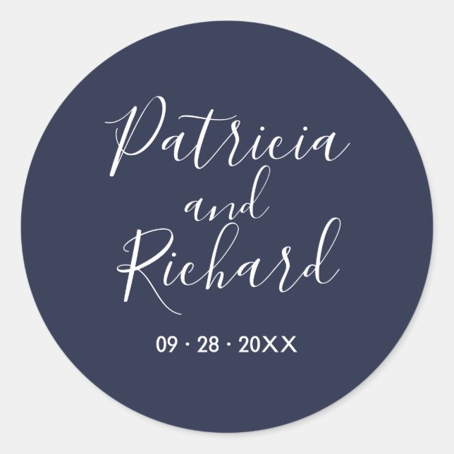 Simple Chic Calligraphy on Navy Blue Wedding Class Classic Round Sticker (Front)