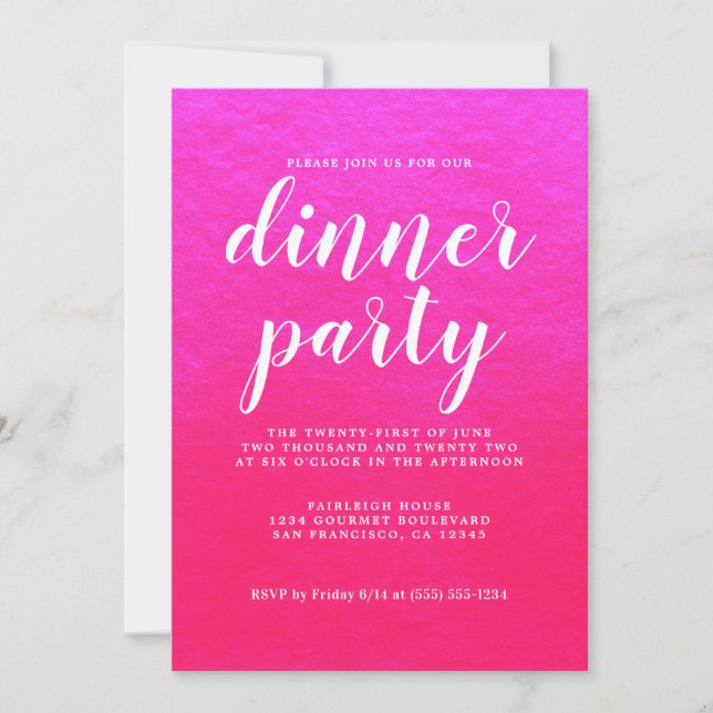 Simple Chic Calligraphy Shiny Pink Dinner Party Invitation (Front)