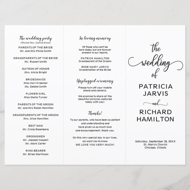 Simple Chic Calligraphy Wedding Ceremony Program (Front)