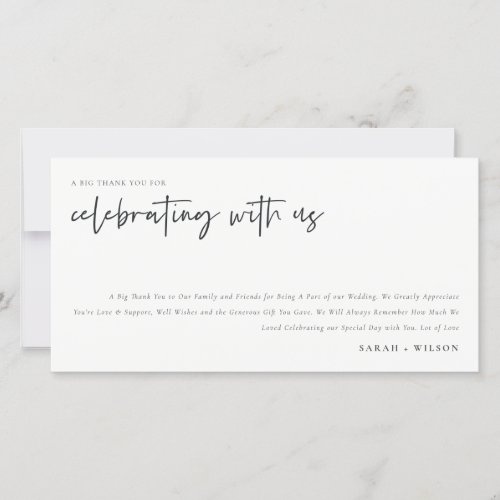 Simple Chic Celebrate With Us Calligraphy Wedding Thank You Card