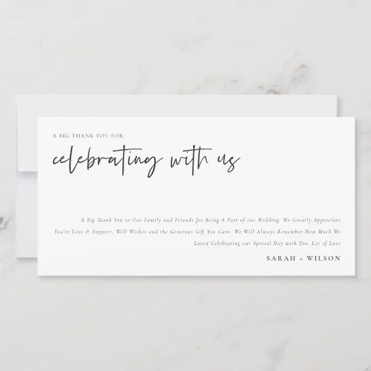 Simple Chic Celebrate With Us Calligraphy Wedding Thank You Card | Zazzle