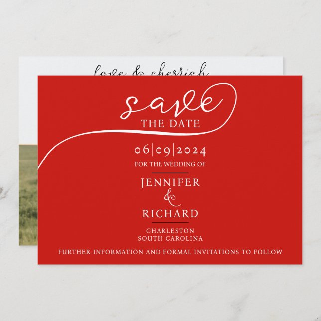 Simple Chic Cherry Red Wedding Calligraphy Photo Save The Date (Front/Back)