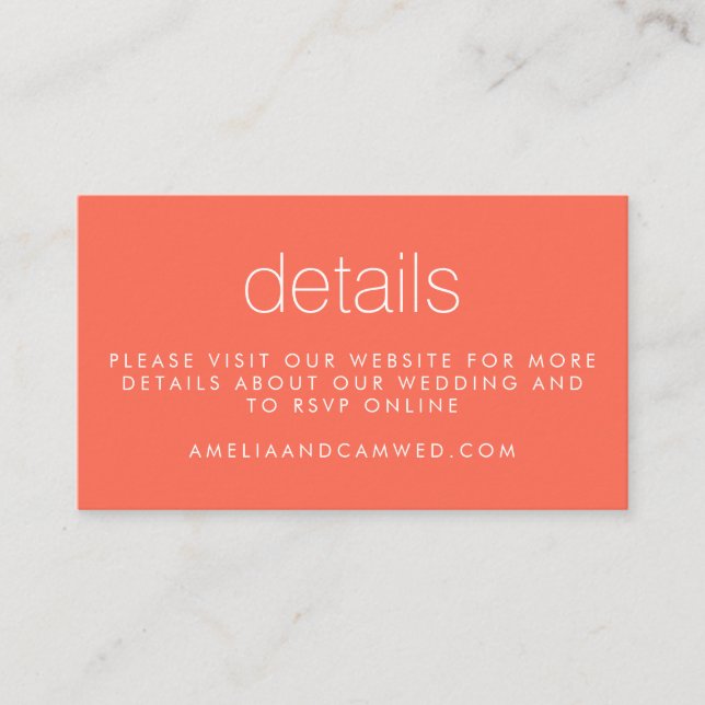 Simple Chic Coral Modern Wedding Website Details Enclosure Card (Front)