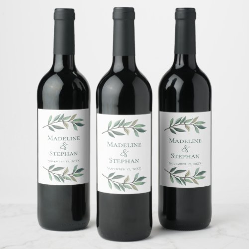 Simple Chic Eucalyptus Leaves Botanical Wedding Wine Label