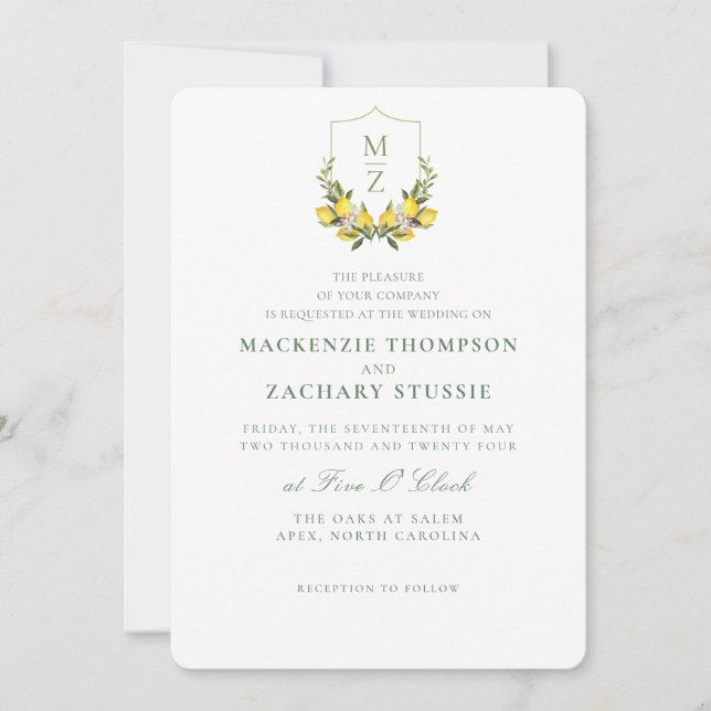 Simple Chic Floral Citrus Wedding Invitation (Front)