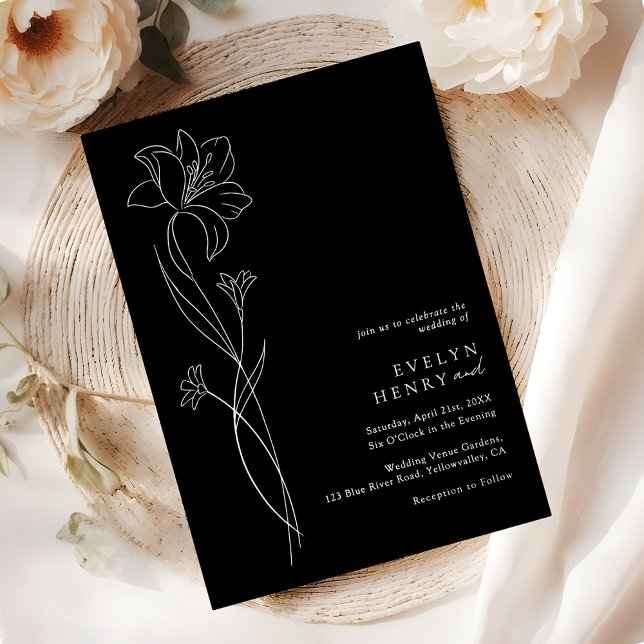 Simple Chic Floral Elegant Wedding Black & Silver Foil Invitation (Creator Uploaded)