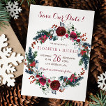 Simple chic floral winter wreath save date wedding save the date<br><div class="desc">Rustic modern elegant winter wedding stylish save the date template card on simple white background featuring a watercolor wreath of red burgundy and white peony roses, seasonal pine green pine boughs, fir branches, red berries and foliage.. Fill in your information in the spots, You can choose to customize it further...</div>